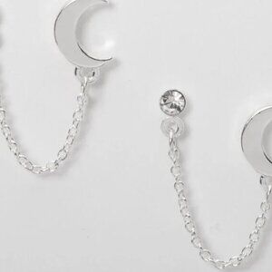 Icing Embellished Moon Connector Chain Stud Earrings Silver